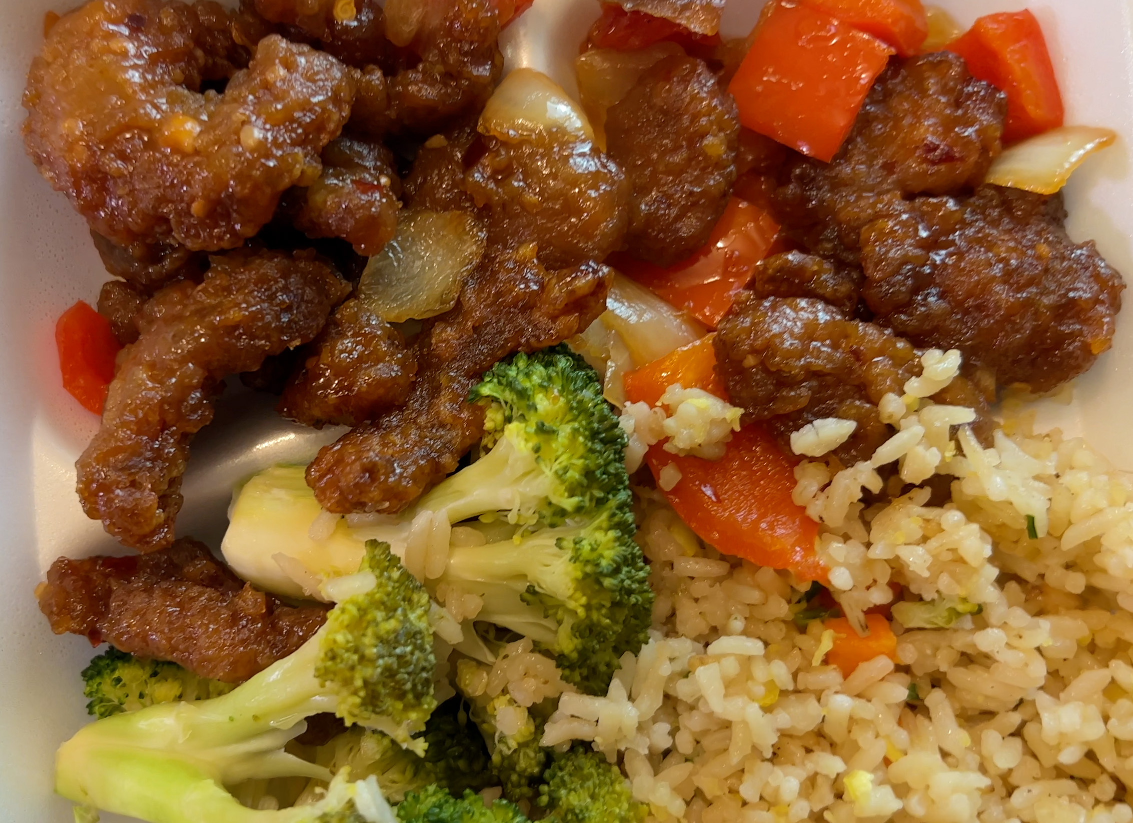 Beijing Beef by Panda Express, Super Greens, and Fried Rice