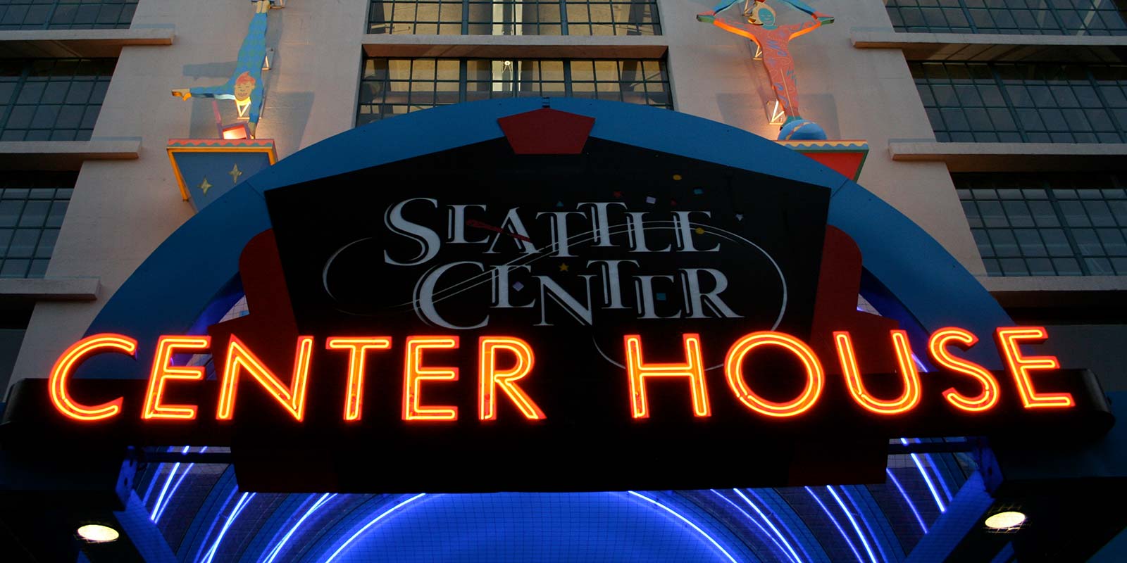 Seattle Center Center House neon sign at dusk.