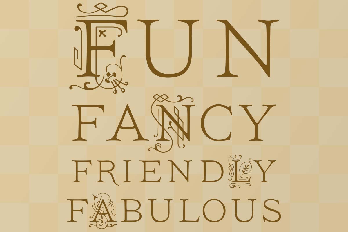 The words Fun Fancy Friendly and Fabulous on a tan checkerboard background pattern.