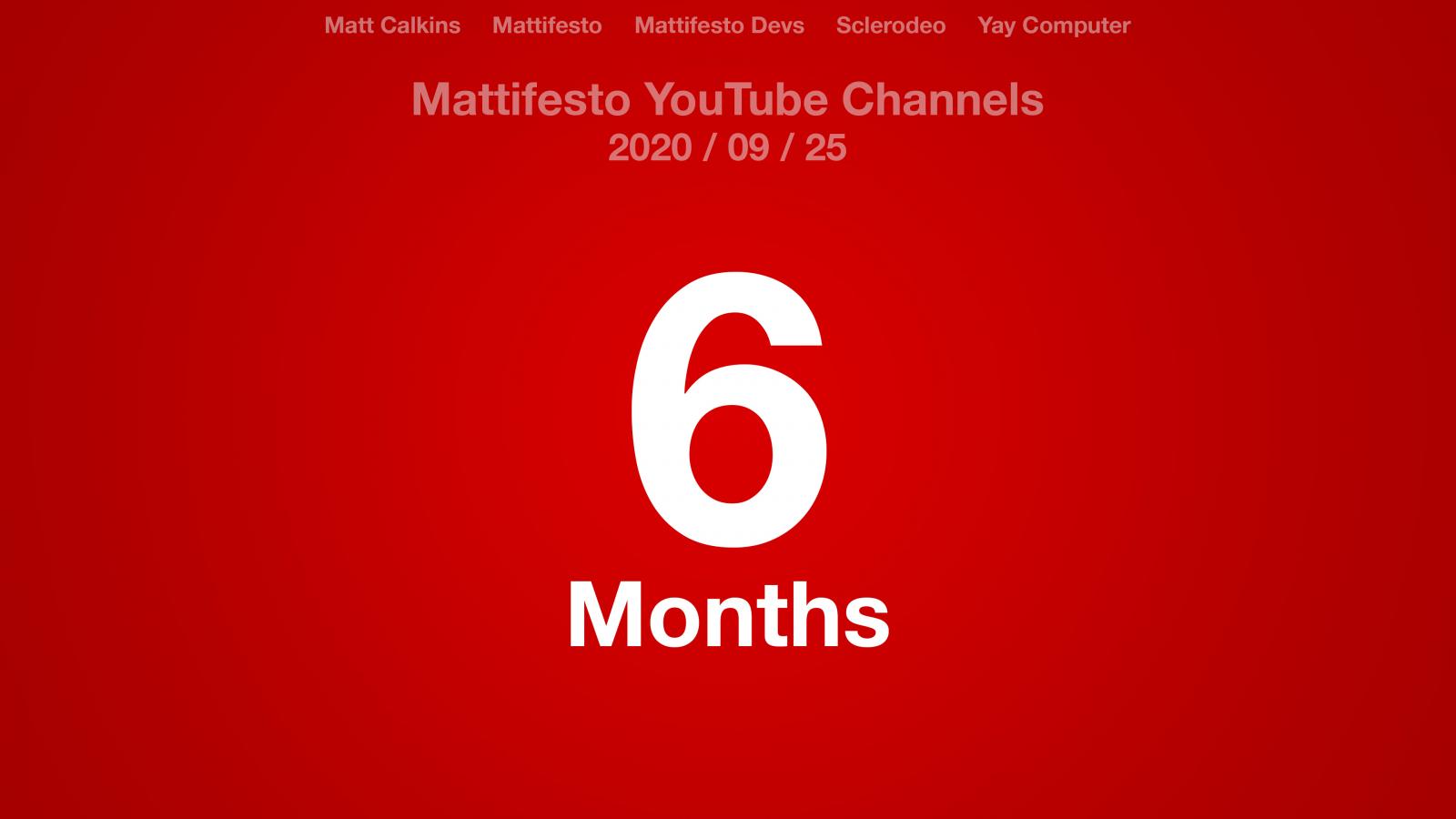 Red radial gradient with the text: Matt Calkins, Mattifesto, Mattifesto Devs, Sclerodeo, Yay Computer, Mattifesto YouTube Channels 2020/09/25 6 Months