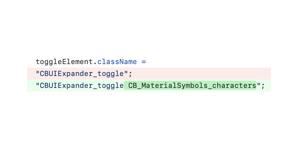 A GitHub diff of adding a CSS class name to an element in JavaScript