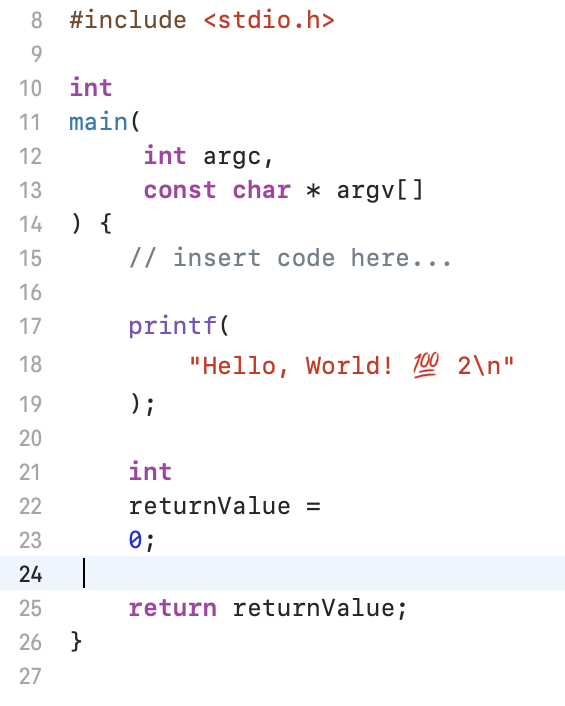 C language Hello World source code as seen in Apple Xcode on a Mac