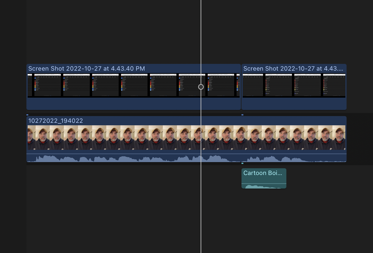 A Final Cut Pro project screenshot including a video, and image, and a sound effect.